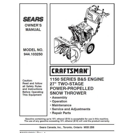 Craftsman snowblower Parts Manual 944.103250