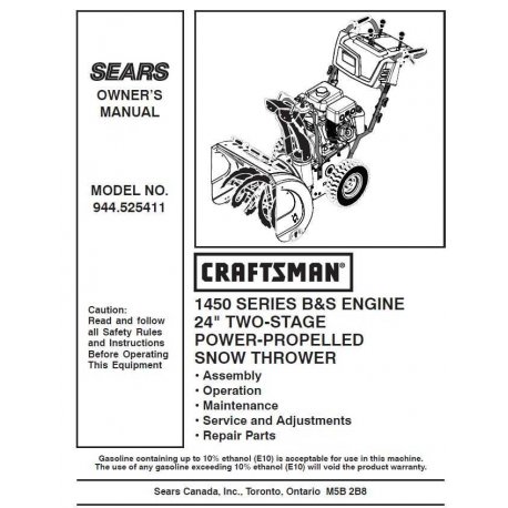 Craftsman snowblower Parts Manual 944.525411