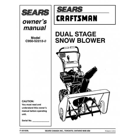 Craftsman snowblower Parts Manual C950-52818-0