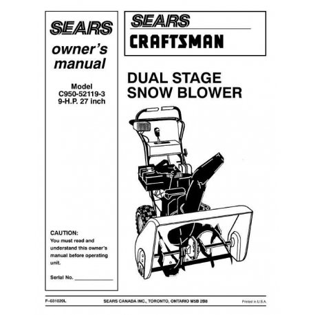 Craftsman snowblower Parts Manual C950-52119-3