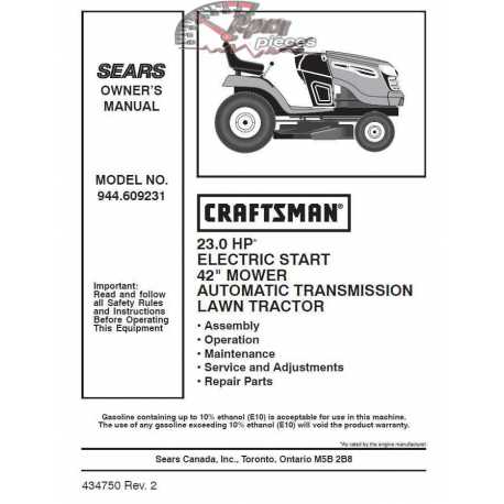 Manuel de pièces tracteur Craftsman 944.609231