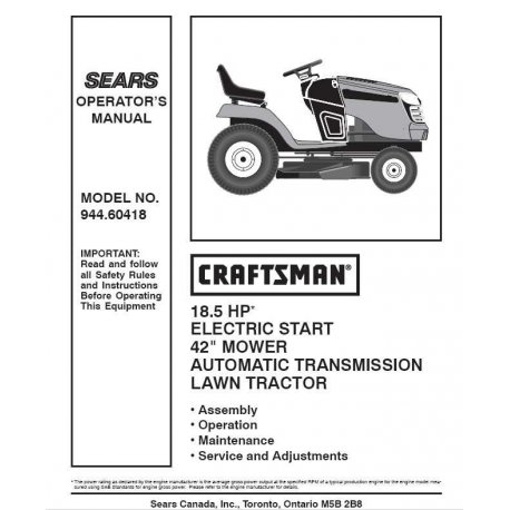Manuel de pièces tracteur Craftsman 944.60418